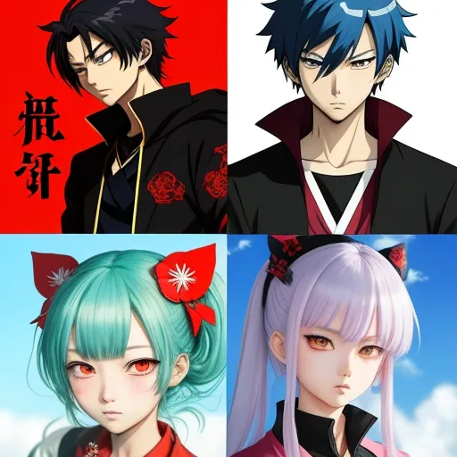 four anime characters with different hair colors and hair styles, all wearing black and blue hair, and one with green hair, by Baiōken Eishun