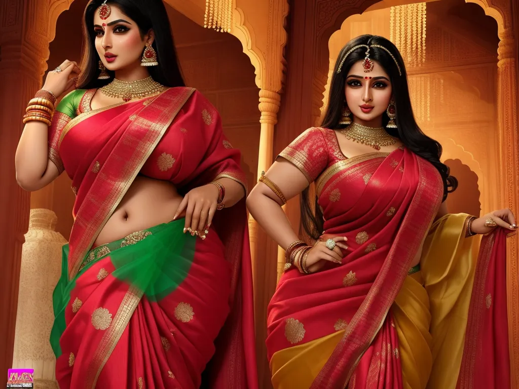 two women in red and yellow sari with a green blouse on their shoulders and a green blouse on their shoulders, by Raja Ravi Varma