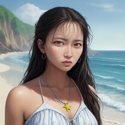 a woman standing on a beach next to the ocean with a star necklace on her neck and a star in her hand, by Chen Daofu