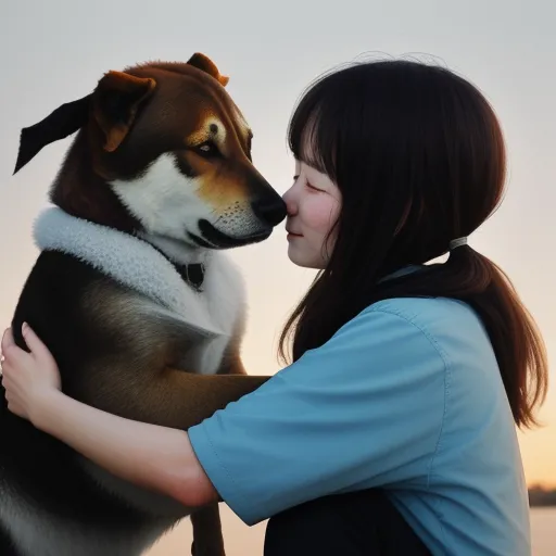 image resolution enhancer - a woman is hugging a dog with a sky background behind her and a dog in the foreground is a dog, by Studio Ghibli