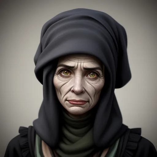 increasing resolution of image - a woman with a black head covering her face and a green shirt on her shoulders and a black scarf on her head, by Anton Semenov