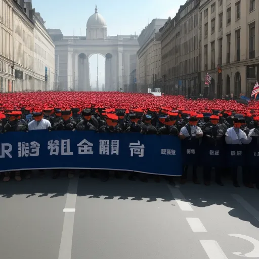 low res image to high res - a group of people standing in front of a large banner with red umbrellas on it's sides, by Chen Daofu