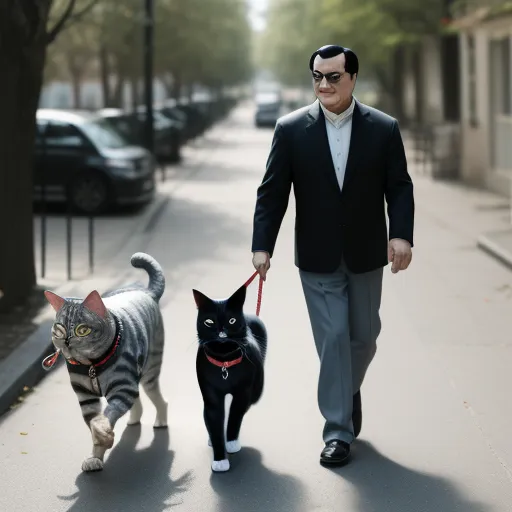 a man walking a cat down a street with a leash on it's side and another cat walking behind him, by Huang Tingjian