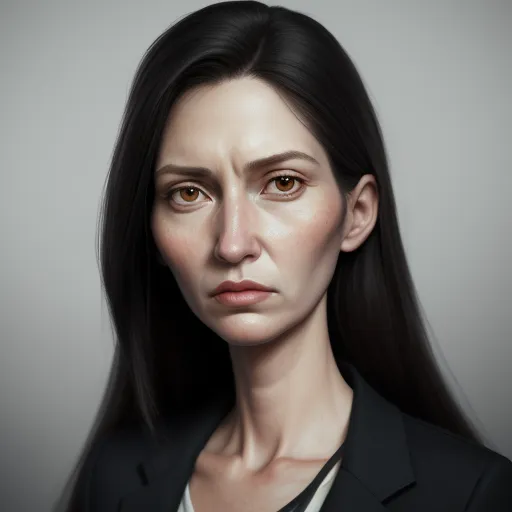 a woman with long hair and a black blazer is looking at the camera with a serious look on her face, by Lois van Baarle