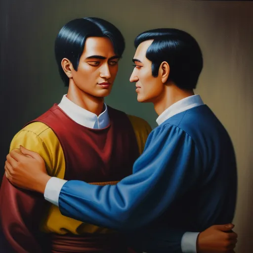 a painting of two men embracing each other with their arms around each other, one of them is wearing a blue and yellow shirt, by Fernando Amorsolo