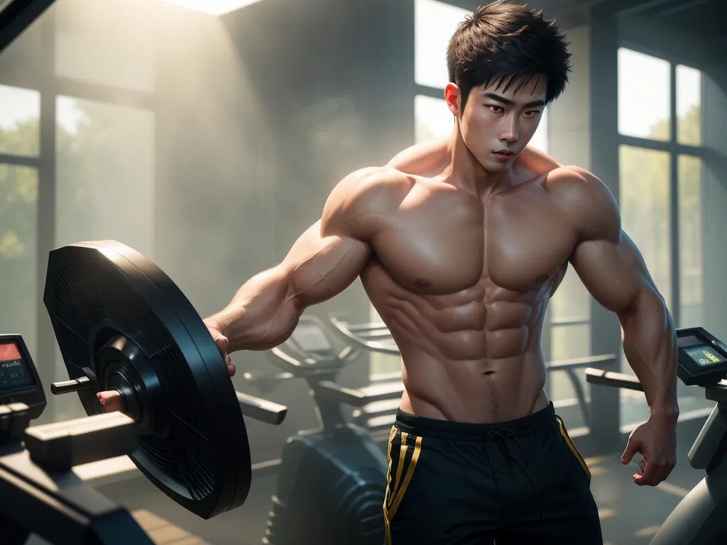 a man with a shirt on holding a barbell in a gym area with a window behind him and a machine behind him, by Chen Daofu