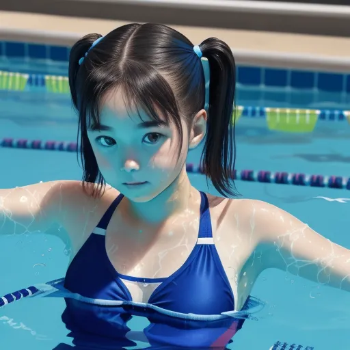 a girl in a blue bikini in a pool with a blue and white swimming ring on her head and a blue and white swimming ring on her arm, by Shintaro Kago