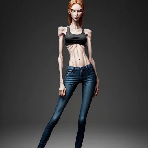 a woman with a very large breast and a very small breast, wearing jeans and a bra top, is posing for a picture, by Pixar Concept Artists