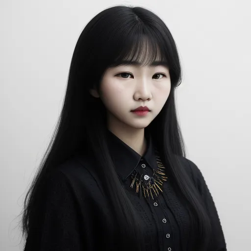 free ai text to image - a woman with long black hair and a black shirt with a gold necklace on her neck and a black shirt with a black collar, by Terada Katsuya