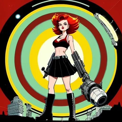 ai generate image - a woman in a black dress holding a gun and a gun in her hand with a target in the background, by Leiji Matsumoto