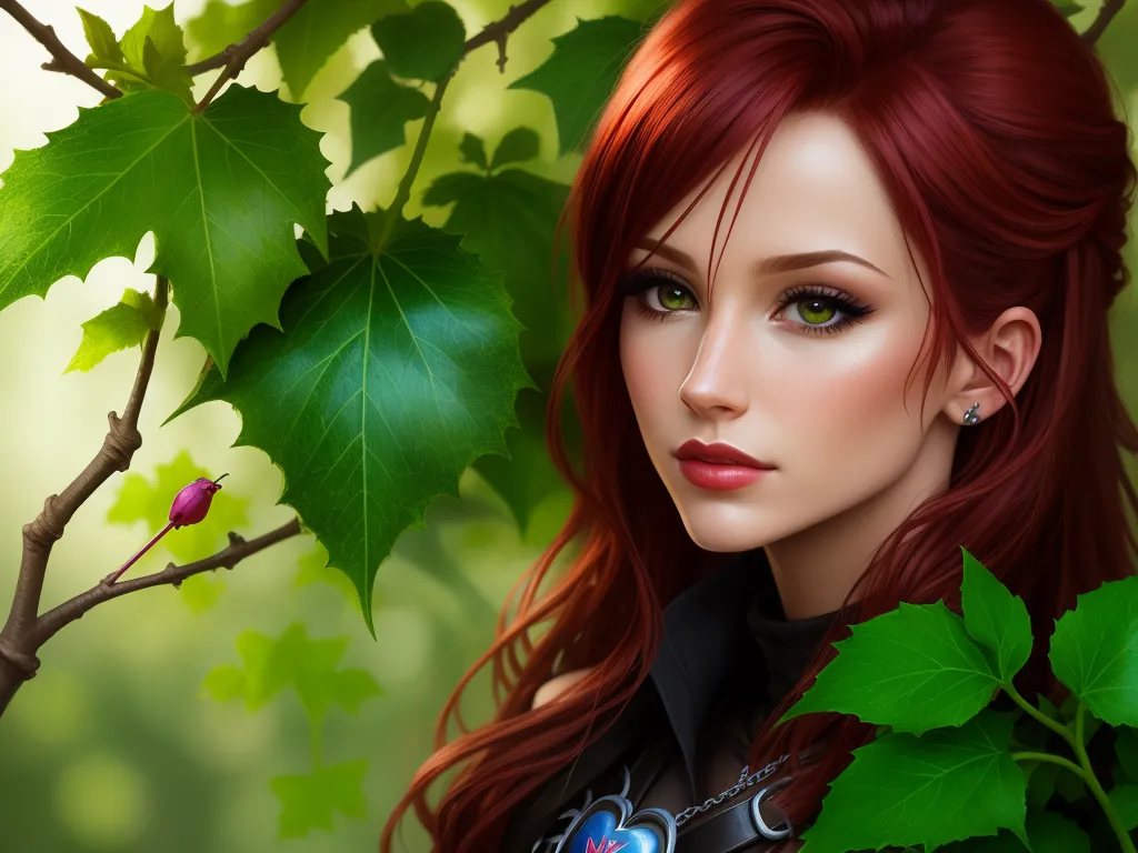 text to picture ai generator - a woman with red hair and green leaves on her shoulder, with a black shirt on and a black shirt on, by Lois van Baarle