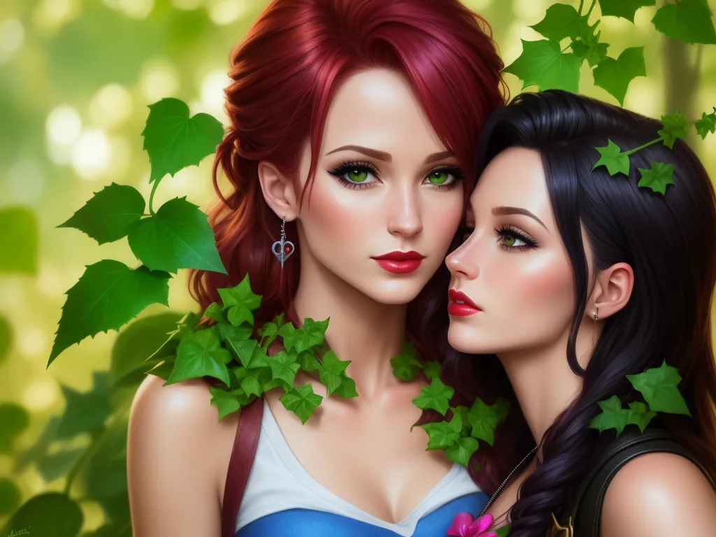 two beautiful women standing next to each other in front of green leaves and flowers on a sunny day, one of them is wearing a blue dress, by Lois van Baarle