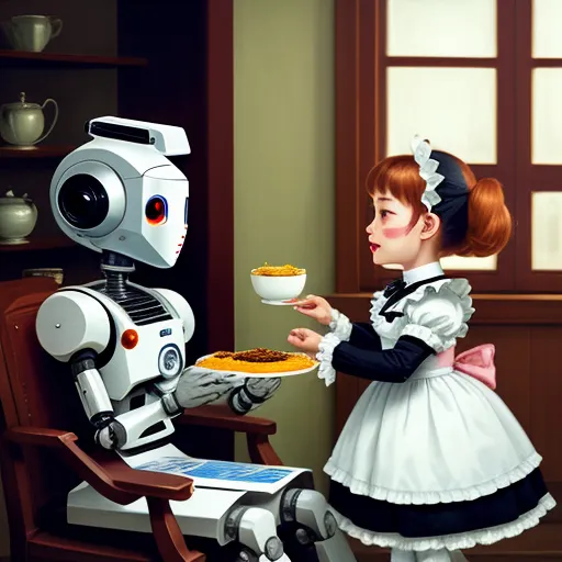 a little girl is eating a pie next to a robot holding a cup of coffee and a plate of pie, by Pixar Concept Artists
