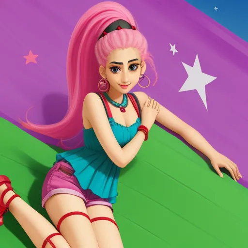 a girl with pink hair sitting on a green field with stars in the background and a purple background with a white star, by Toei Animations