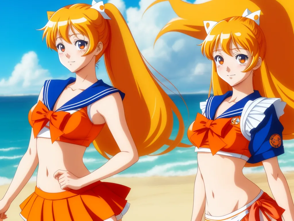 two anime girls in orange and blue outfits on the beach with a blue sky in the background and a blue sky in the background, by Sailor Moon