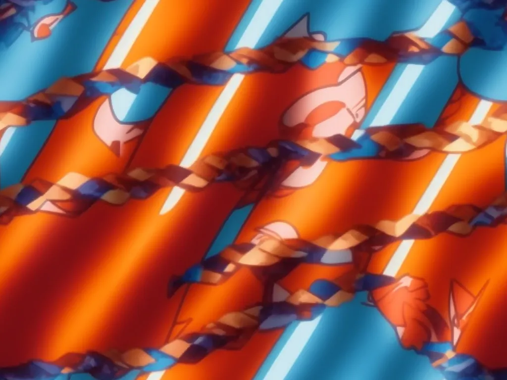 high resolution image - a colorful background with a blue and orange design on it's side and a red and blue background with a blue and orange design on it's side, by Toei Animations