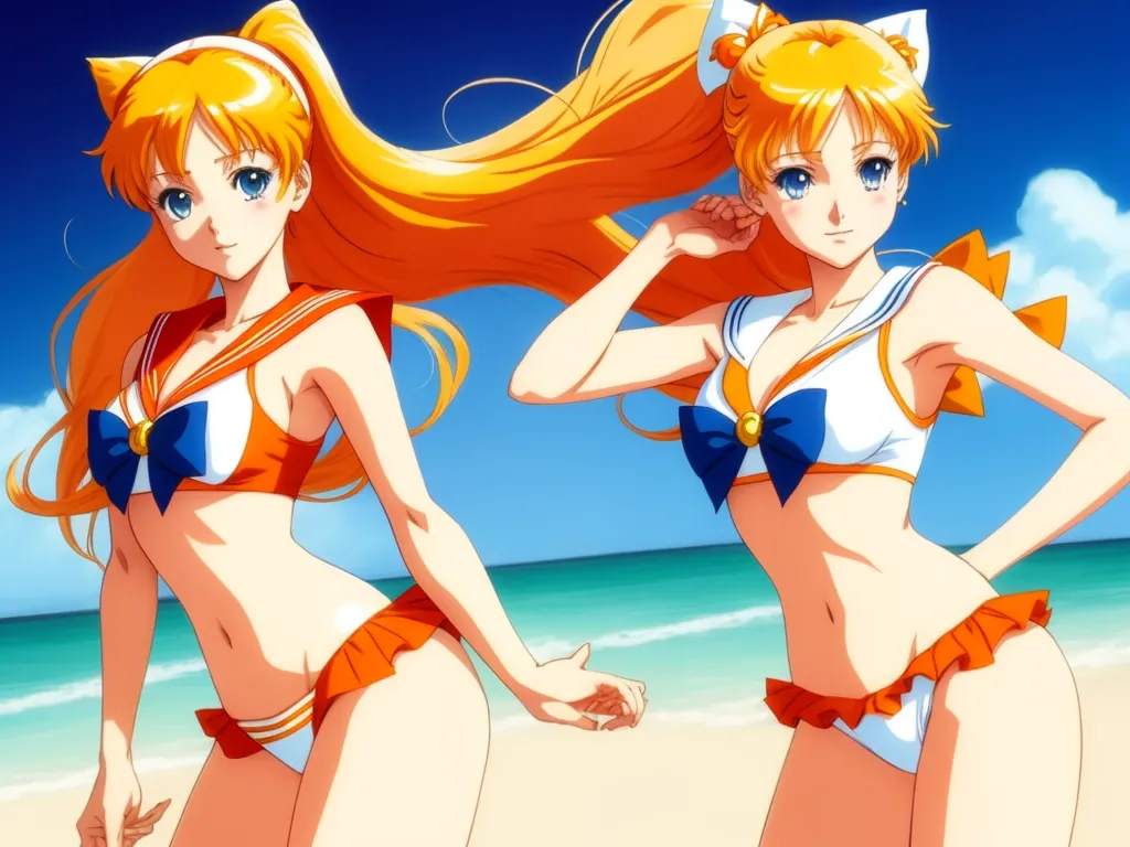 two anime girls in bikinis on the beach with a sky background and a blue sky in the background, by Sailor Moon