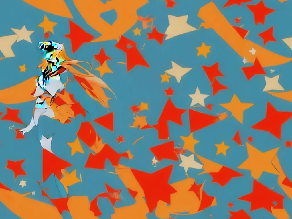 turn photo to hd - a painting of a person on a horse surrounded by stars and shapes in the sky with a blue sky background, by Toei Animations