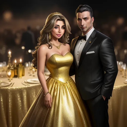 a man and a woman in formal wear posing for a picture in front of a table with gold cloths, by Pixar Concept Artists