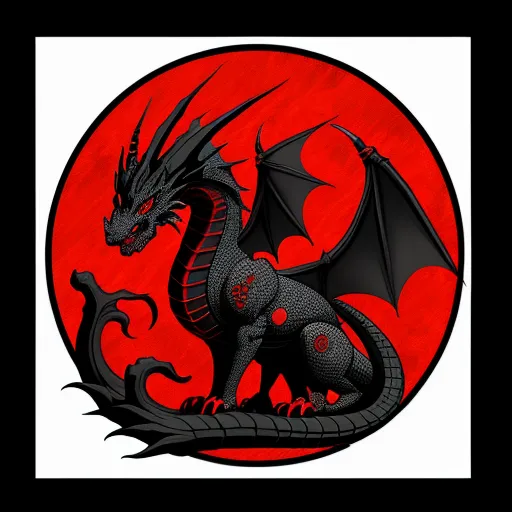 a black dragon sitting on top of a red circle with a black dragon on it's back and a red circle behind it, by Alison Kinnaird