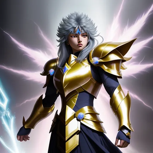 change photo resolution - a woman in a golden armor with lightning behind her and a lightning bolt behind her, in a digital painting, by Baiōken Eishun