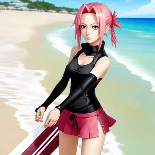 a girl with pink hair holding a surfboard on the beach with the ocean in the background and a sky in the background, by Toei Animations