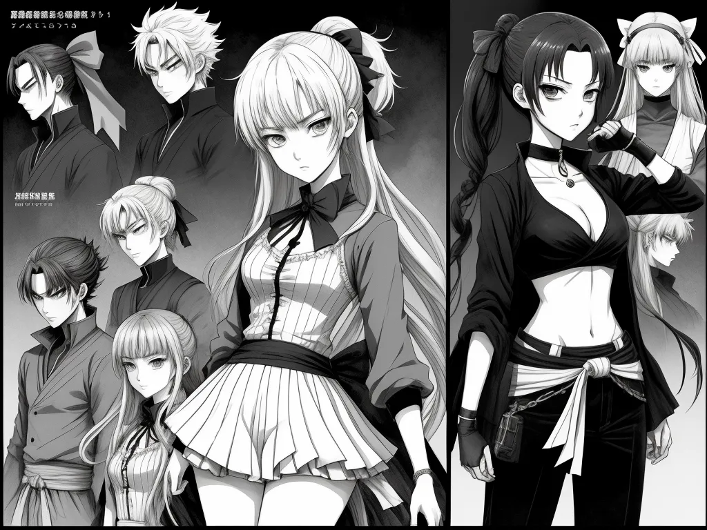 ai picture generator from text - a group of anime characters with long hair and a black and white background, with a black background and white background, by Baiōken Eishun