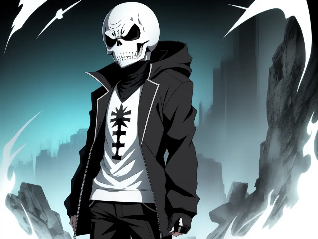 a skeleton wearing a hoodie and a black jacket standing in front of a cityscape with a cross on it, by Toei Animations