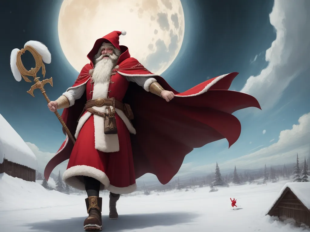 a man dressed as santa claus walking through the snow with a key in his hand and a full moon in the background, by Antonio J. Manzanedo