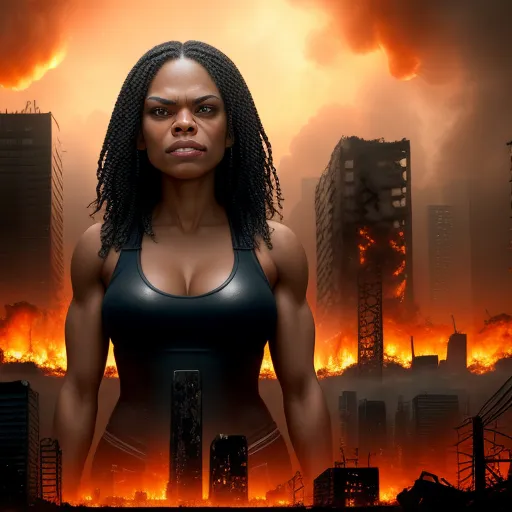 make a photo high res - a woman in a black top standing in front of a city fire with flames in the background and a sky filled with smoke, by Tim Doyle