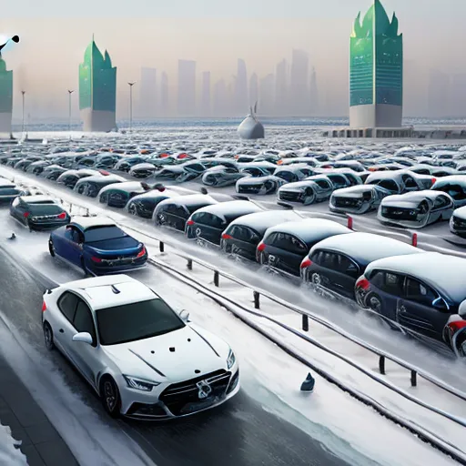 a snowy parking lot with cars parked in it and a plane flying overhead in the sky above the cars, by Goro Fujita