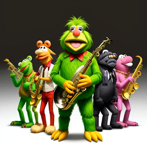 increase the resolution of an image - a group of cartoon characters standing next to each other holding musical instruments and singing into a microphone, with a man in a suit, by Toei Animations