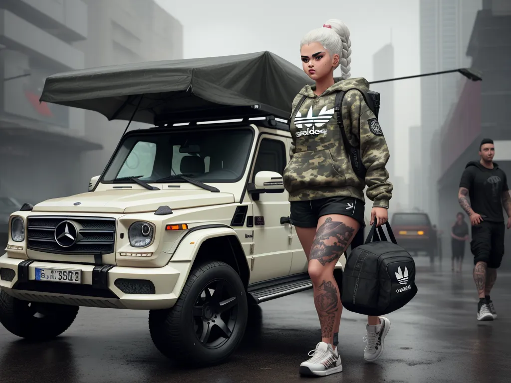 make image higher resolution - a man with tattoos and a white shirt is walking next to a white mercedes benz benz benz benz benz benz benz benz benz benz, by Hendrik van Steenwijk I