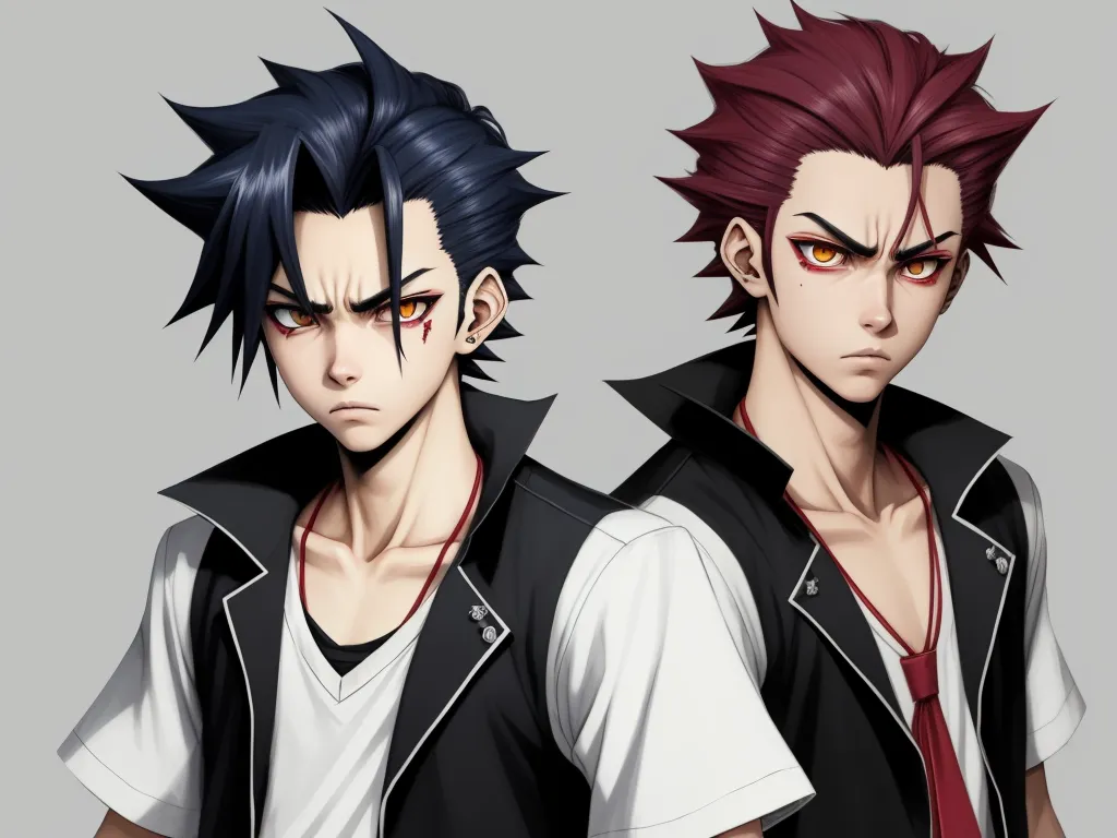 two anime characters with red hair and black hair, one with red eyes and one with black hair and one with red hair, by Toei Animations