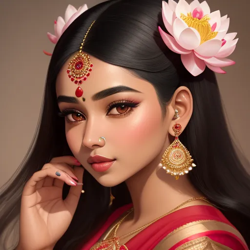 a woman with a flower in her hair and a pink flower in her hair, wearing a red and gold sari, by Lois van Baarle
