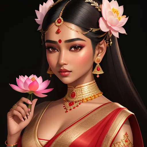 a woman in a red and gold dress holding a pink flower in her hand and wearing a gold necklace, by Lois van Baarle