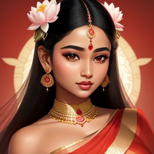 a beautiful young woman wearing a red and gold outfit with a flower in her hair and a gold necklace, by Raja Ravi Varma