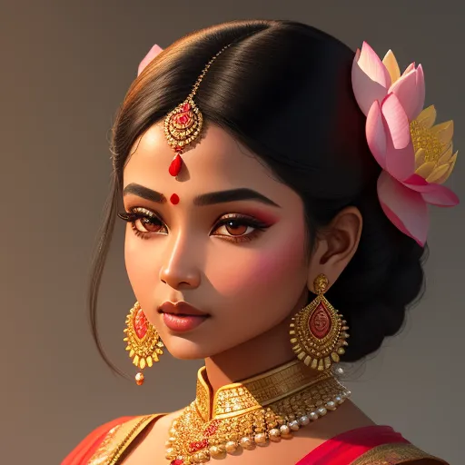 a woman with a flower in her hair and a necklace and earrings on her head and a flower in her hair, by Raja Ravi Varma