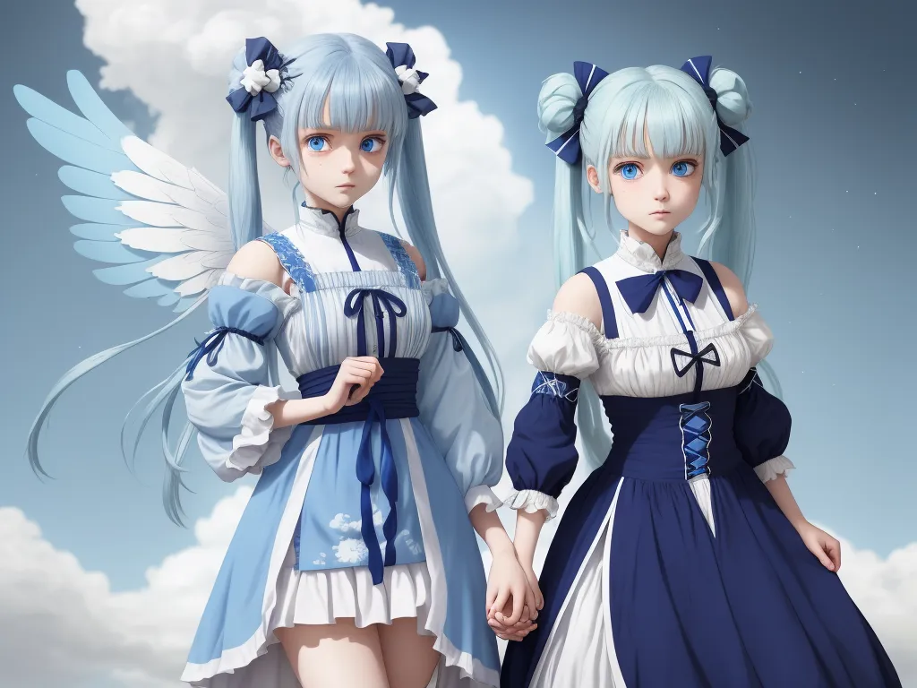 two anime girls dressed in blue and white outfits with wings on their shoulders and a blue dress with white and blue trim, by Terada Katsuya
