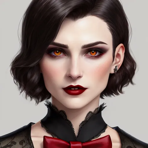 ai text to image - a woman with a red bow tie and black dress with red lipstick on her lips and a black shirt, by Daniela Uhlig