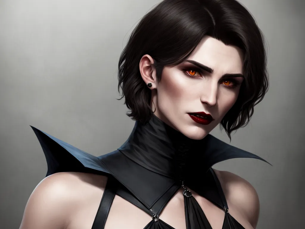 best free text to image ai - a woman with dark hair and a black choker with a bat motif on it's neck and a black choker with a red lip, by Lois van Baarle