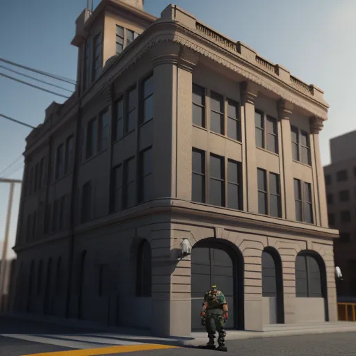 a man standing in front of a tall building on a street corner with a traffic light on the corner, by Sydney Prior Hall