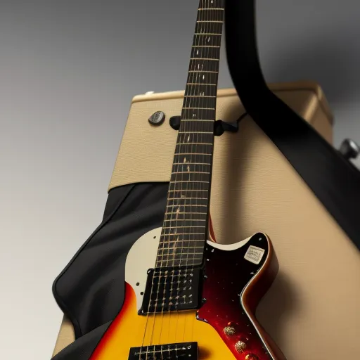 a guitar is laying on a suitcase with a black strap on it's neck and a yellow and red guitar on top, by David Bowie