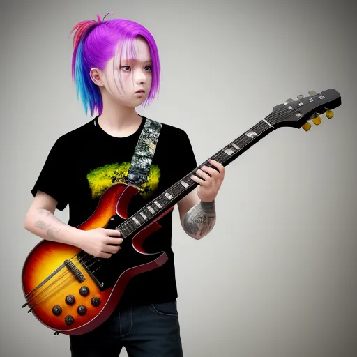 best photo ai software - a young man with a guitar in his hand and a mohawk haircut on his head, holding a guitar, by Terada Katsuya