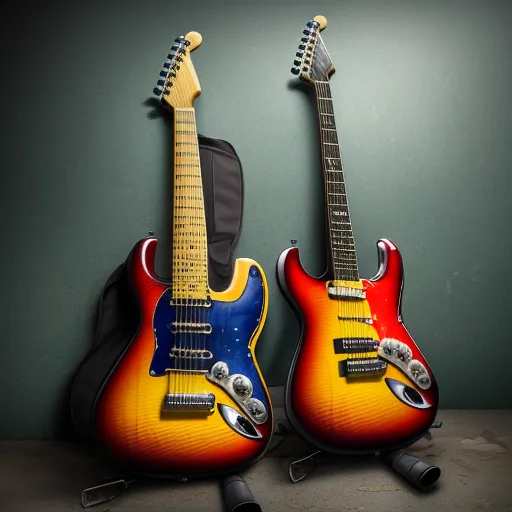 free ai photo enhancer software - two guitars are sitting side by side on a table with a guitar case on it's back and a guitar case on the wall, by David Bowie