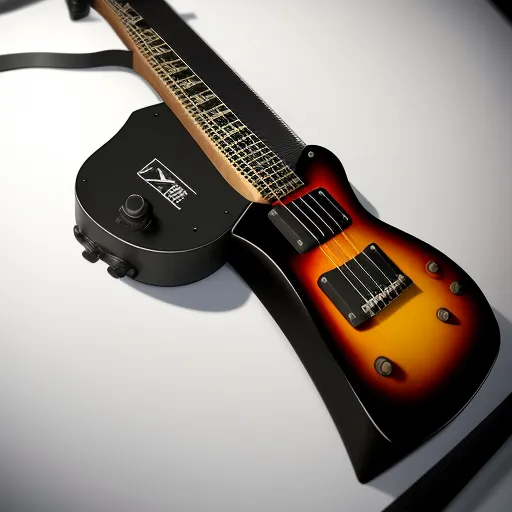 ai image generator from text online - a guitar is laying on a table with a strap around it's neck and a guitar case on the table, by Benoit B. Mandelbrot