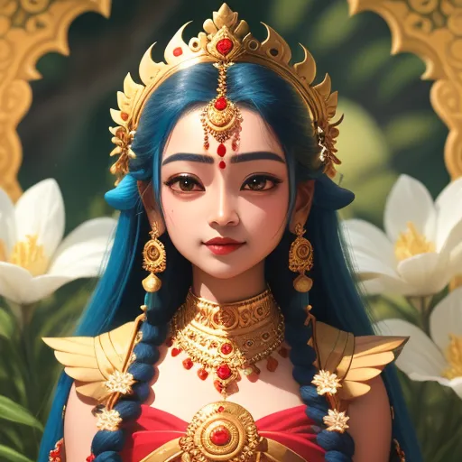 a woman with blue hair and a gold headpiece and a red dress with gold jewelry and a flower, by Lois van Baarle