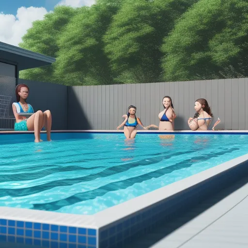 generate photo from text - a group of women sitting around a swimming pool in bikinis and bathing suits, all in bathing suits, by Toei Animations