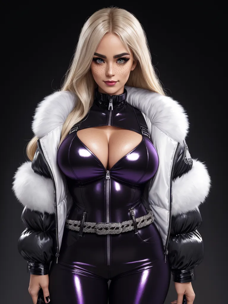 4k quality converter photo - a woman in a purple outfit and fur collared jacket with a belt around her waist and a black belt around her waist, by Terada Katsuya