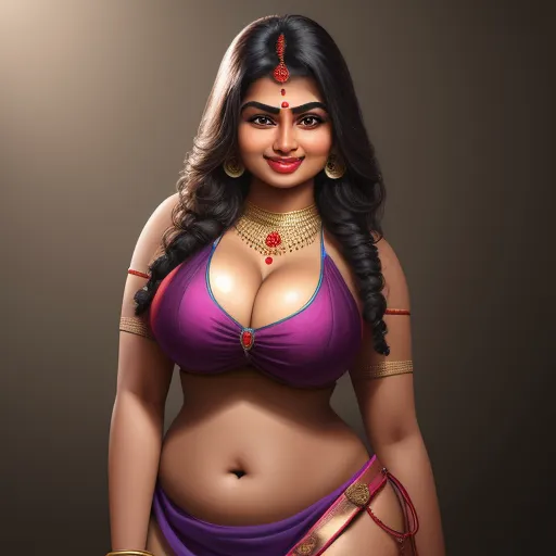 4k converter photo - a woman in a bra top and skirt with a belt around her waist and a smile on her face, by Raja Ravi Varma